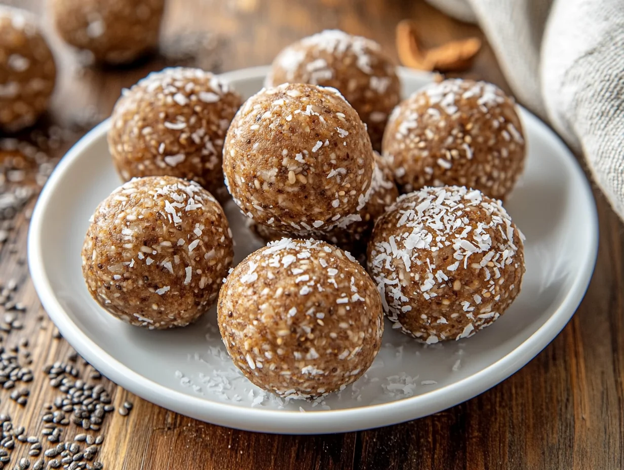Plate Of Chewy Chai Energy Balls With Coconut Flakes And Chia Seeds, Styled On A Rustic Wooden Table.