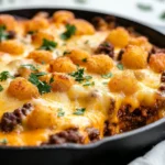 Cheeseburger Casserole In A Cast Iron Skillet Topped With Crispy Tater Tots And Fresh Parsley Garnish
