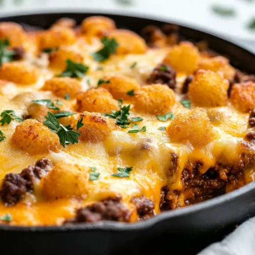 The Best Cheeseburger Casserole Recipe For Busy Weeknights 3 Cheeseburger Casserole In A Cast Iron Skillet Topped With Crispy Tater Tots And Fresh Parsley Garnish