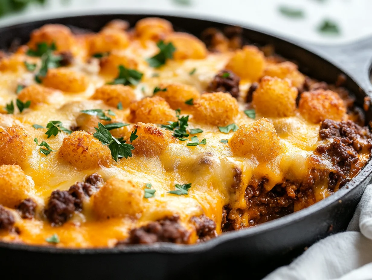 Cheeseburger Casserole In A Cast Iron Skillet Topped With Crispy Tater Tots And Fresh Parsley Garnish