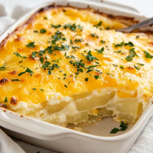 Golden Cheesy Potato Breakfast Casserole In A Baking Dish, Topped With Melted Cheese And Parsley On A Light Table Setting