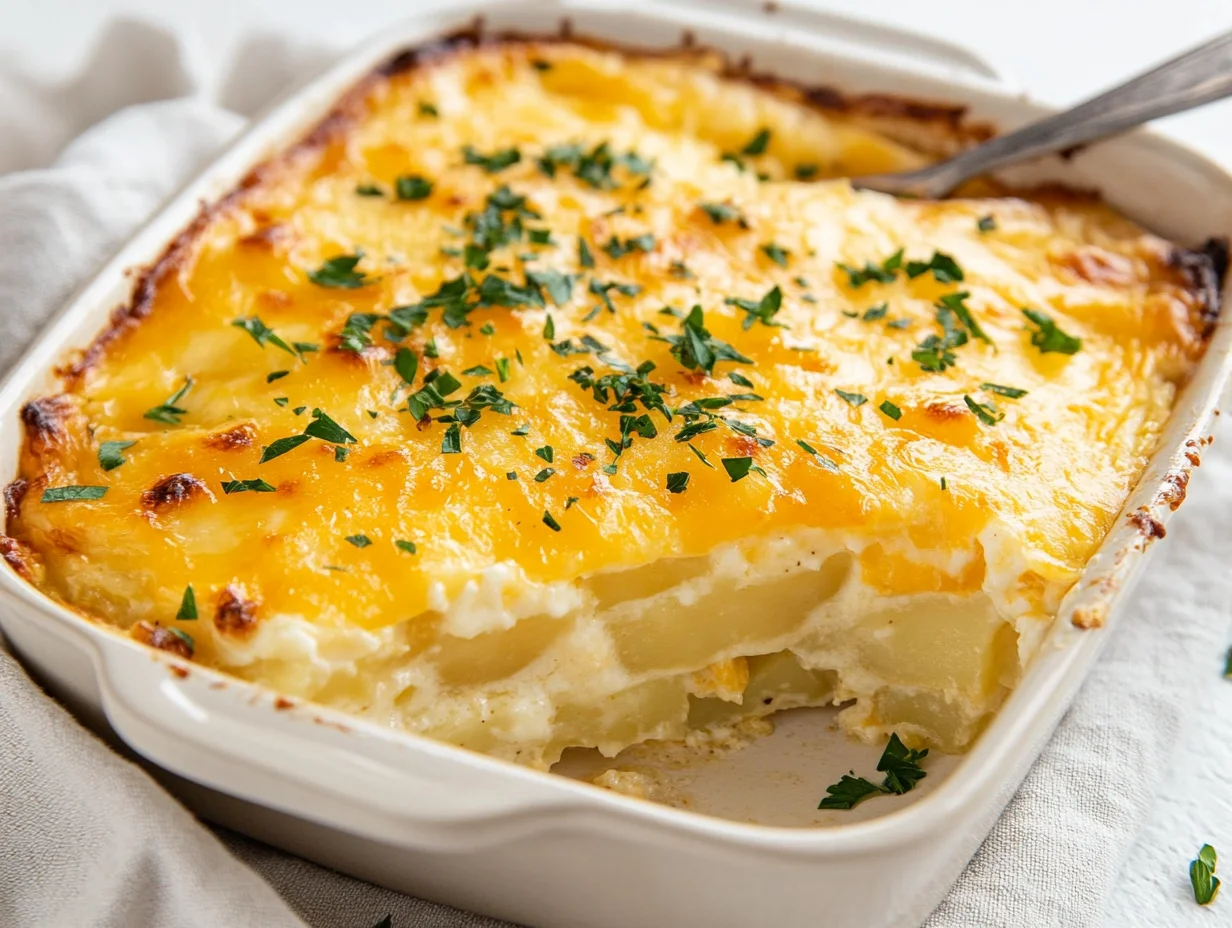 Golden Cheesy Potato Breakfast Casserole In A Baking Dish, Topped With Melted Cheese And Parsley On A Light Table Setting