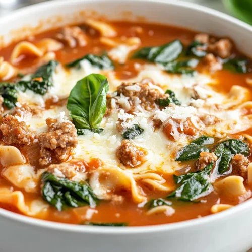 Cheesy Sausage Lasagna Soup - A Comforting Family Favorite 3 Bowl Of Cheesy Sausage Lasagna Soup Topped With Melted Mozzarella And Fresh Basil, Served On A White Plate.