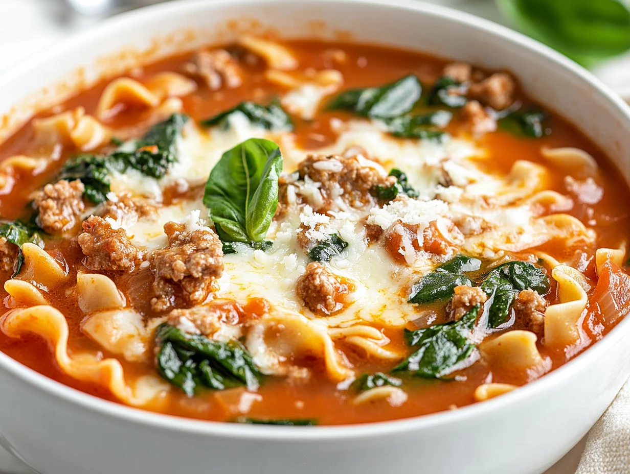 Bowl Of Cheesy Sausage Lasagna Soup Topped With Melted Mozzarella And Fresh Basil, Served On A White Plate.