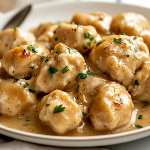 How To Make Chicken And Herb Dumplings – Comfort Food Perfection 3 Plate Of Chicken And Herb Dumplings In Creamy Gravy Garnished With Fresh Parsley, Served On A White Plate With A Silver Spoon
