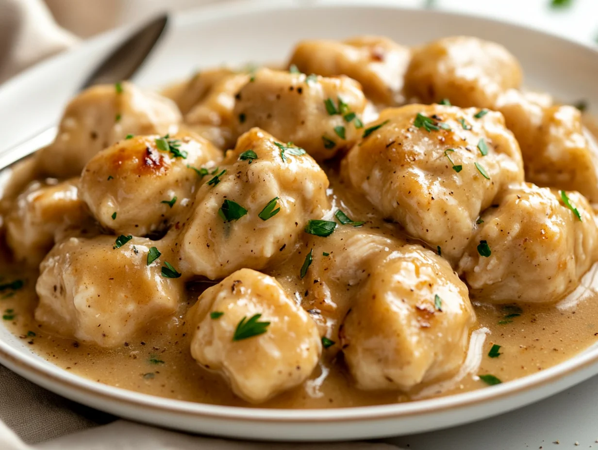 Plate Of Chicken And Herb Dumplings In Creamy Gravy Garnished With Fresh Parsley, Served On A White Plate With A Silver Spoon