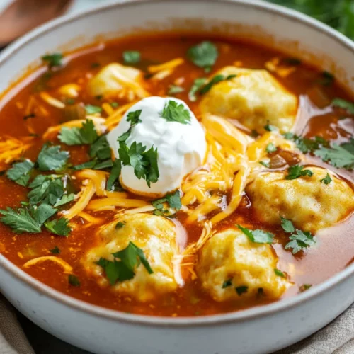 Hearty Chicken Tamale Soup With Dumplings For Cozy Nights 3 Bowl Of Chicken Tamale Soup With Masa Dumplings, Garnished With Cilantro, Sour Cream, And Melted Cheese On A Clean White Table