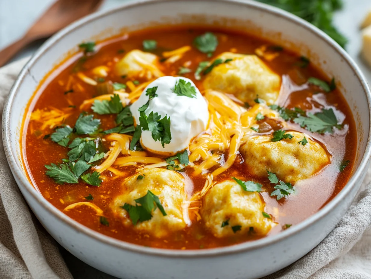Bowl Of Chicken Tamale Soup With Masa Dumplings, Garnished With Cilantro, Sour Cream, And Melted Cheese On A Clean White Table