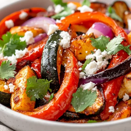 Chili Roasted Pepper Salad In A White Bowl Topped With Cotija Cheese And Cilantro On A Neutral Backdrop.