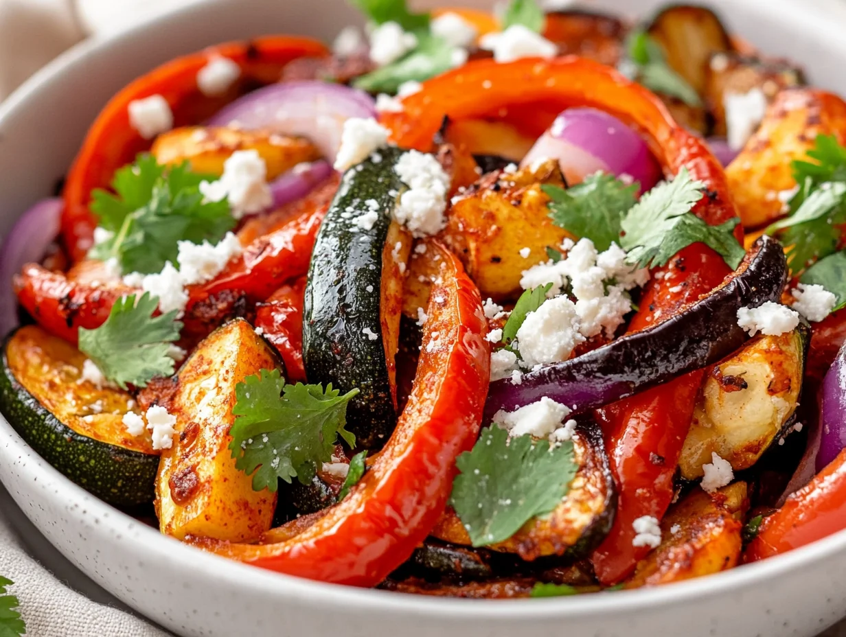 Chili Roasted Pepper Salad In A White Bowl Topped With Cotija Cheese And Cilantro On A Neutral Backdrop.