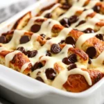 Freshly Baked Chocolate Chip Bagel Casserole Drizzled With Cream Cheese Icing In A White Dish