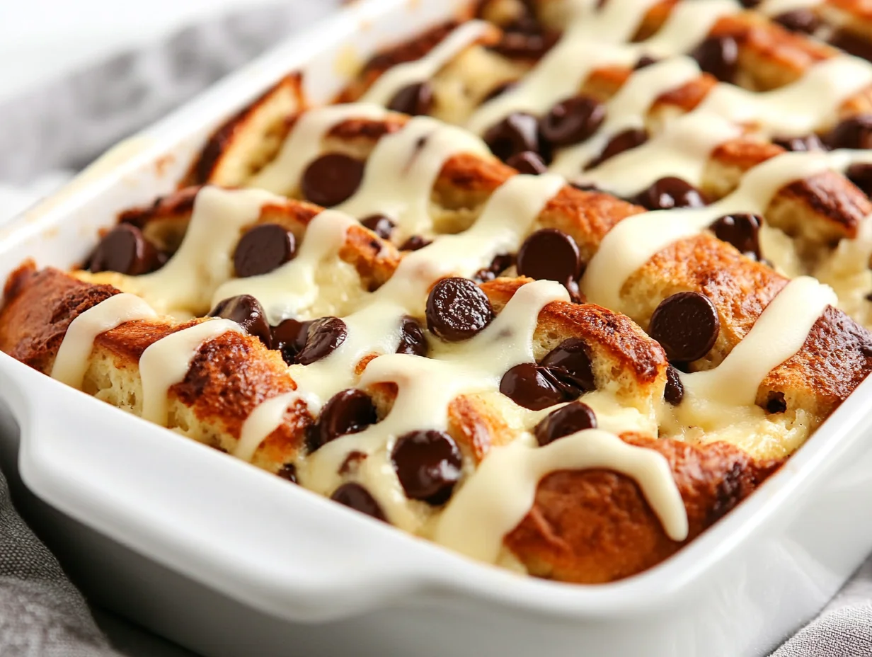 Freshly Baked Chocolate Chip Bagel Casserole Drizzled With Cream Cheese Icing In A White Dish