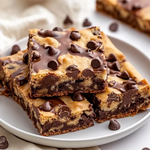Plate Of Chocolate Chip Bar Cookies With Glossy Chocolate Topping And Golden Edges On A Light Background