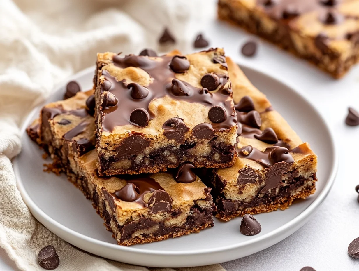 Plate Of Chocolate Chip Bar Cookies With Glossy Chocolate Topping And Golden Edges On A Light Background