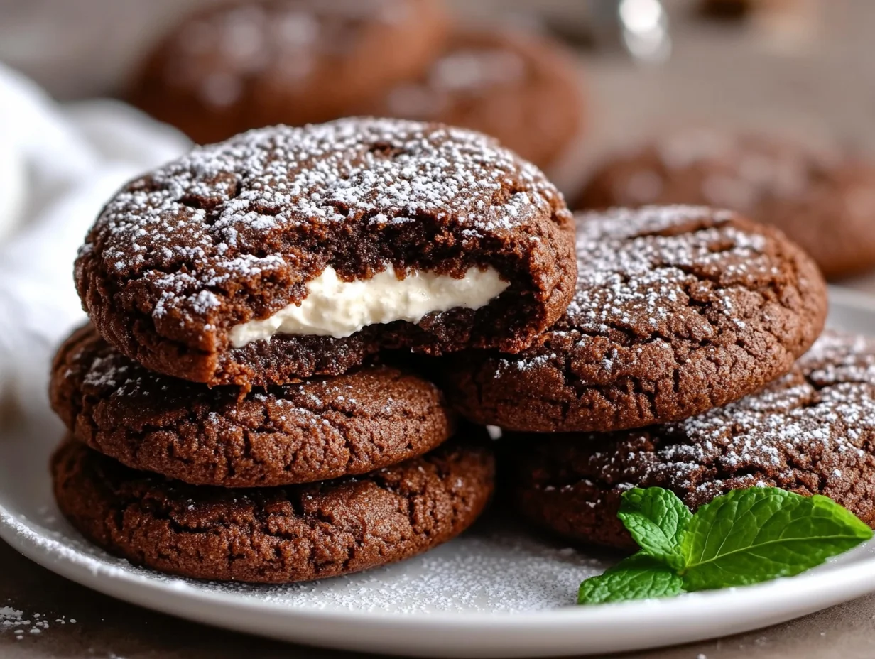 Close-Up Of Chocolate Gingerbread Cookies With Mascarpone Filling On A White Plate, Lightly Dusted With Powdered Sugar