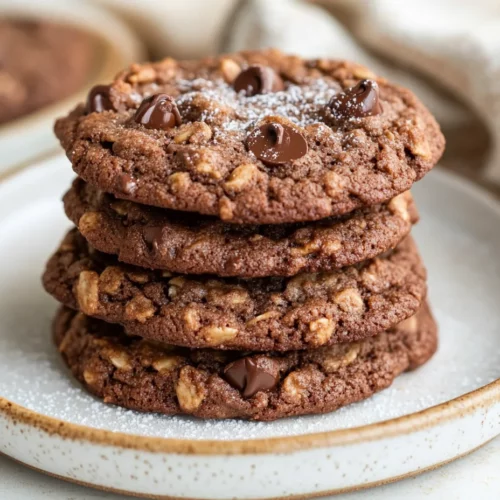 The Best Chocolate Oatmeal Cookies For Every Occasion 3 Plate Of Chocolate Oatmeal Cookies Stacked And Dusted With Powdered Sugar, Showcasing Chocolate Chips And Crispy Edges