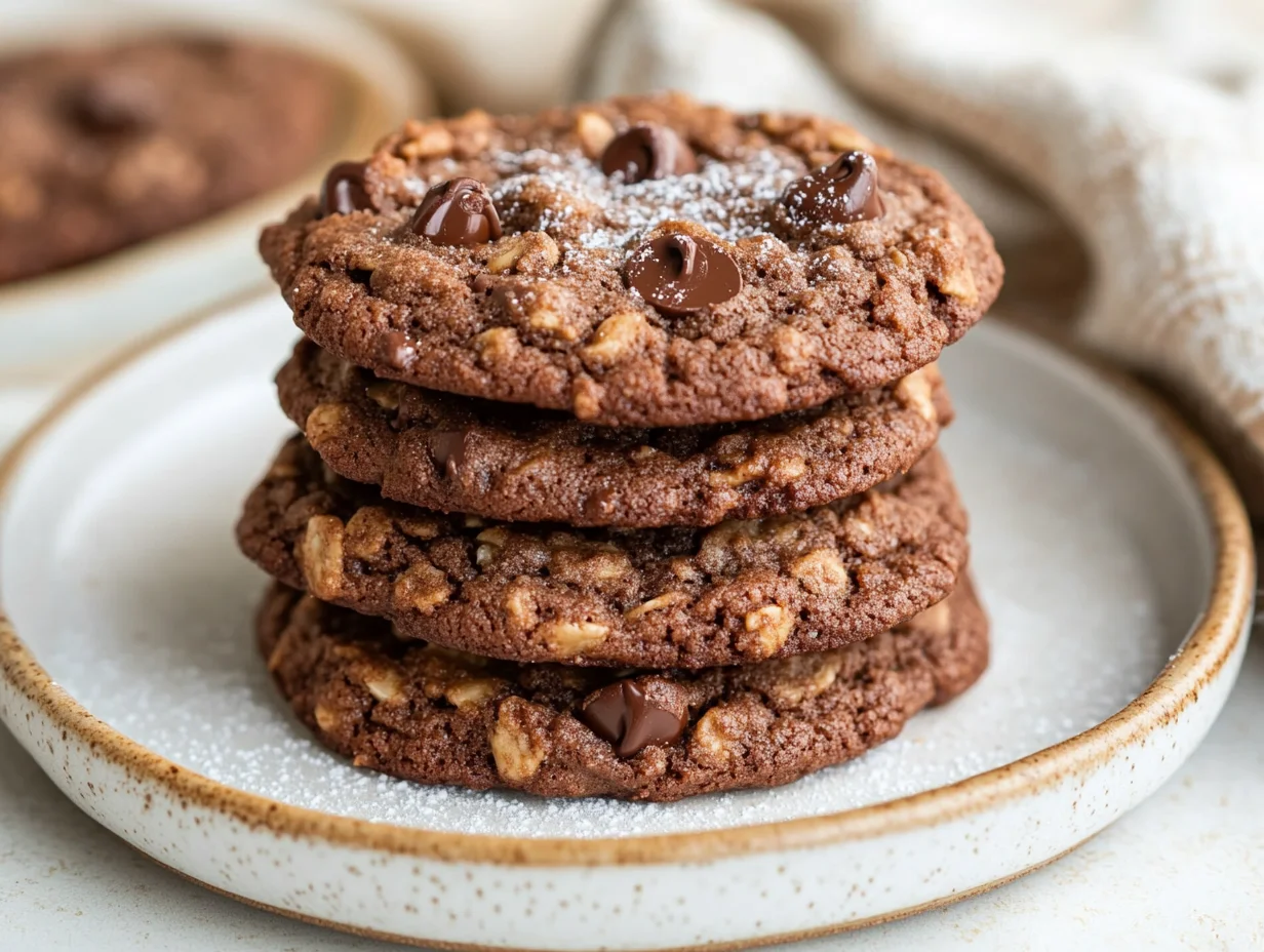 Plate Of Chocolate Oatmeal Cookies Stacked And Dusted With Powdered Sugar, Showcasing Chocolate Chips And Crispy Edges