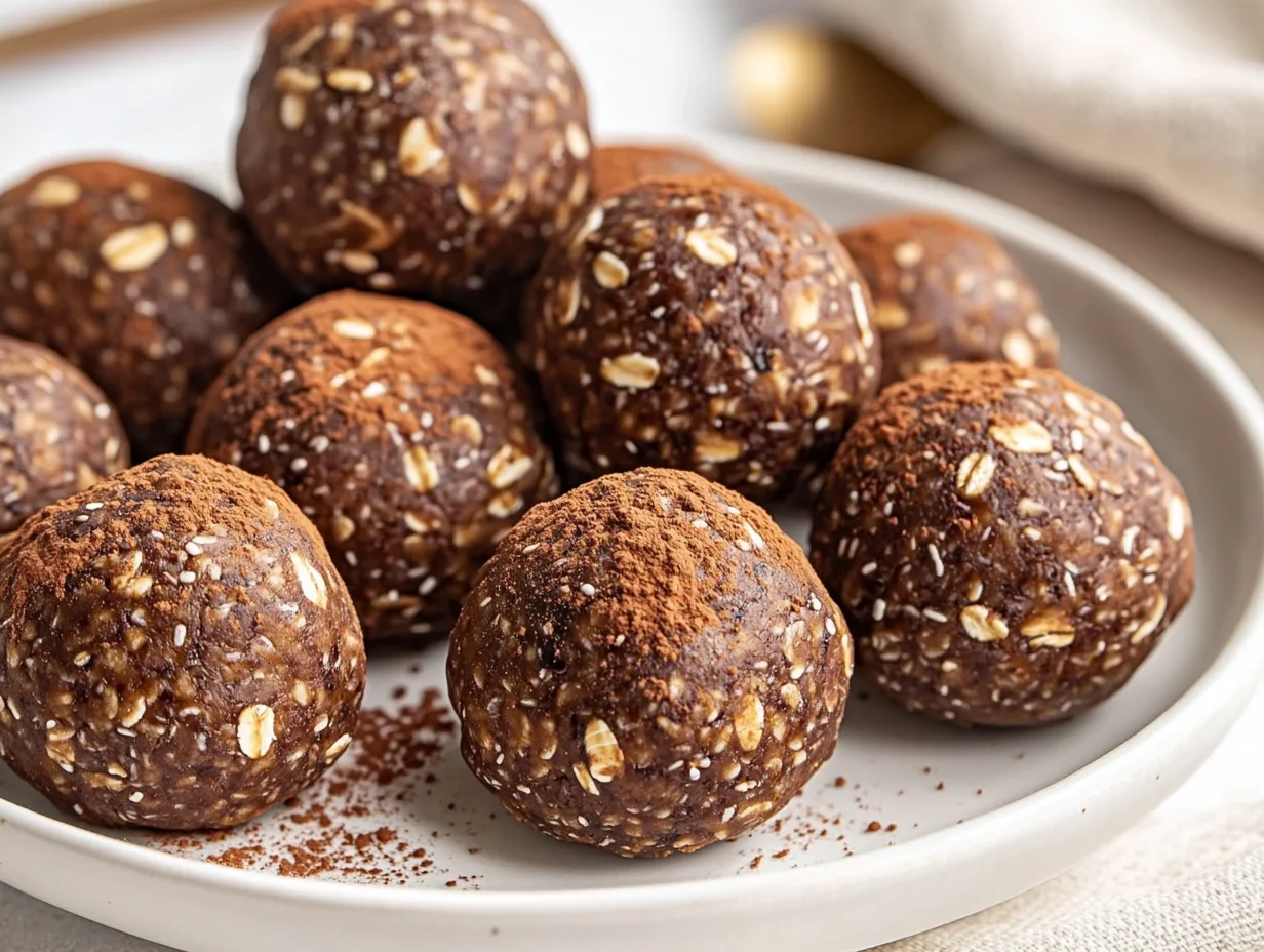 Close-Up Of Chocolate Protein Balls On A White Plate, Garnished With Cocoa Powder And Chocolate Shavings, Light Gray Napkin Nearby