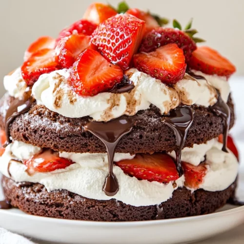 Decadent Chocolate Strawberry Shortcake Recipe For Any Occasion 3 Chocolate Strawberry Shortcake With Rich Cocoa Layers, Whipped Cream, Fresh Strawberries, And Chocolate Syrup On A White Plate