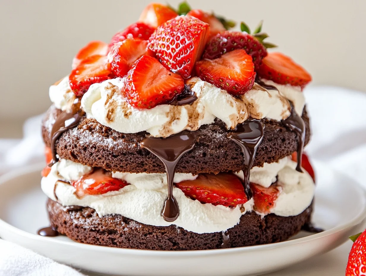 Chocolate Strawberry Shortcake With Rich Cocoa Layers, Whipped Cream, Fresh Strawberries, And Chocolate Syrup On A White Plate