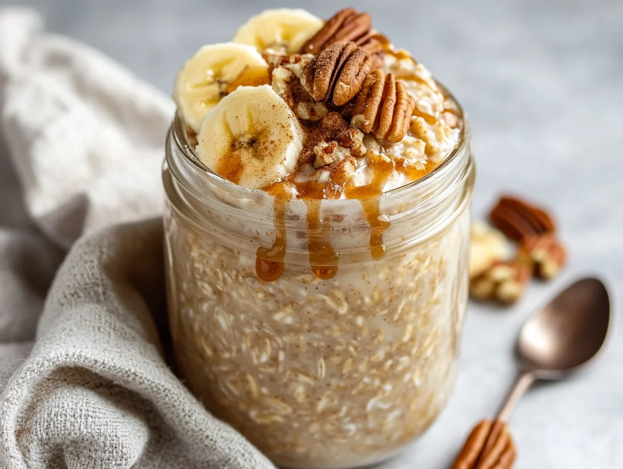 Cinnamon Roll Overnight Oats In A Glass Jar Topped With Banana Slices And Pecans, Drizzled With Brown Sugar.