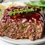 Slice Of Classic Meatloaf With Glossy Steak Sauce Glaze On A White Plate, With Mashed Potatoes, Green Beans, And Parsley Garnish