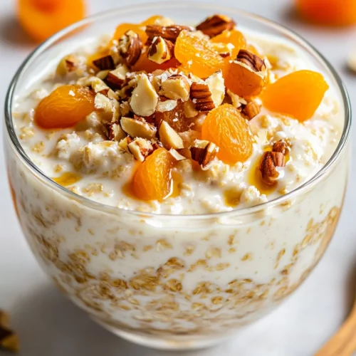 Creamy Coconut Overnight Oats With Dried Apricots &Amp; Hazelnuts 3 Bowl Of Coconut Overnight Oats Topped With Dried Apricots And Hazelnuts, Drizzled With Maple Syrup