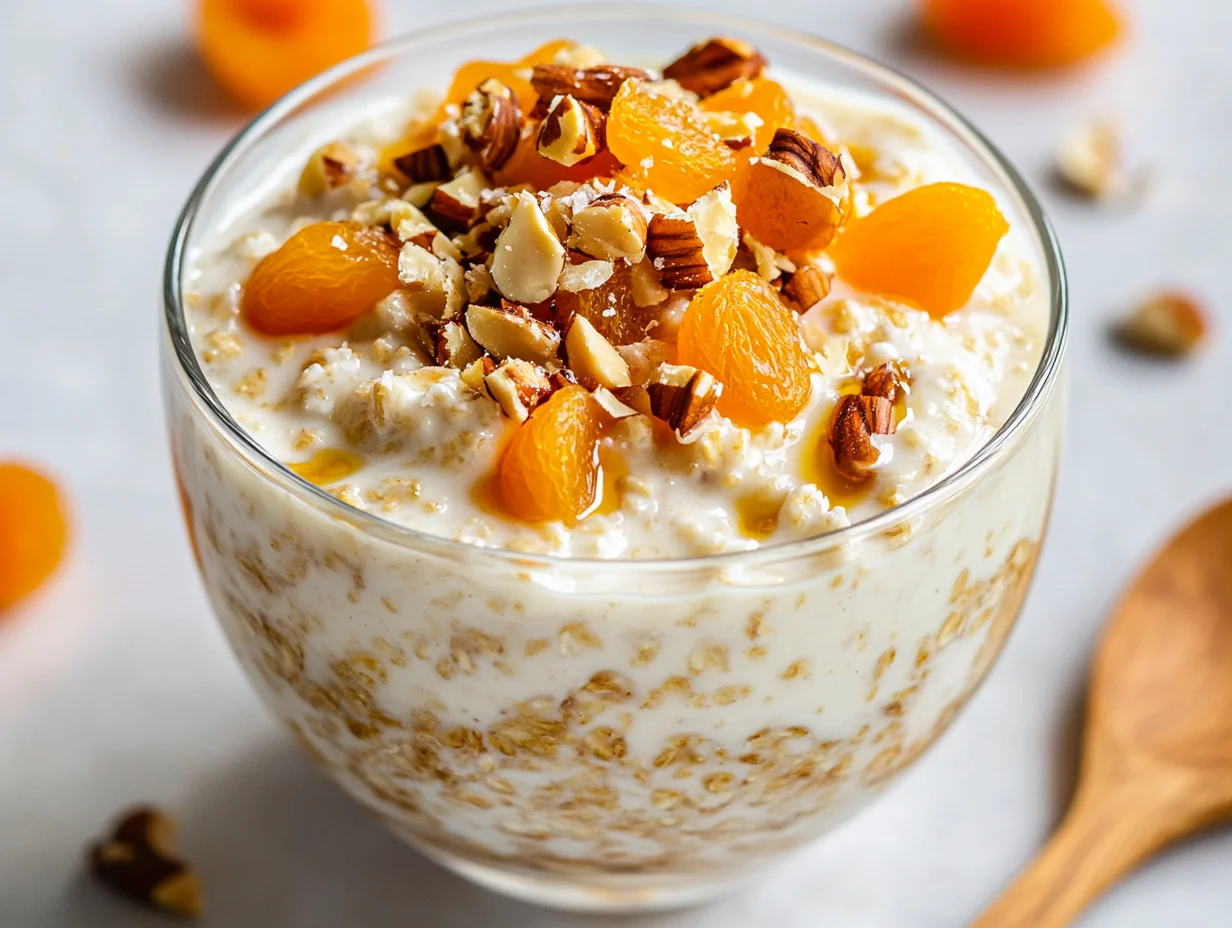 Bowl Of Coconut Overnight Oats Topped With Dried Apricots And Hazelnuts, Drizzled With Maple Syrup