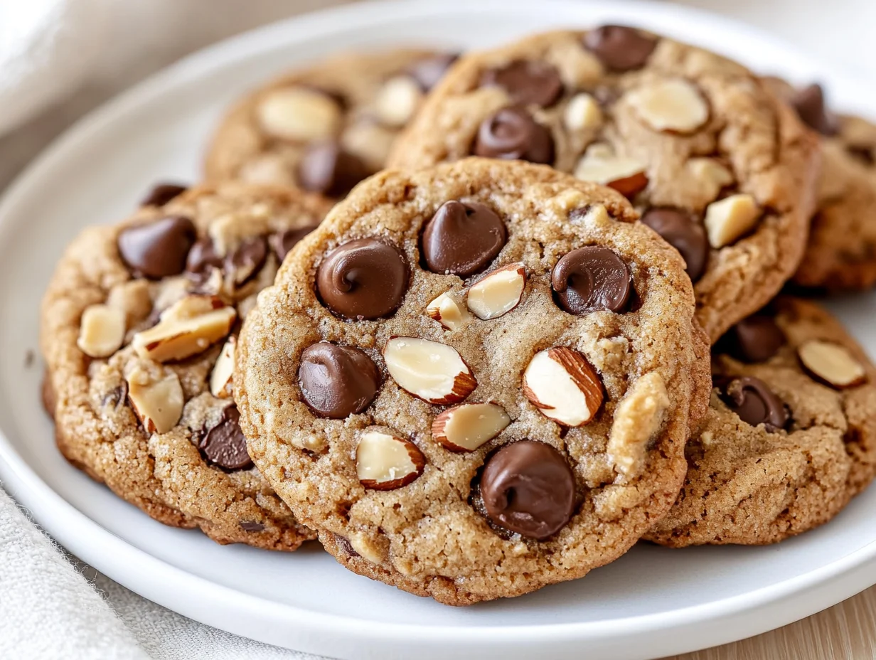 Bowl Of Coffee Chocolate Chip Cookies With Toasted Almonds And Melted Chocolate Chips On A White Plate