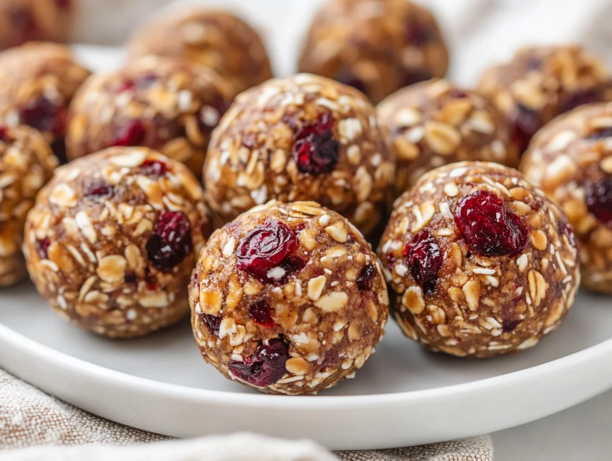Cranberry Almond Energy Balls On A White Plate, Garnished With Crushed Almonds And Oatmeal Flecks.