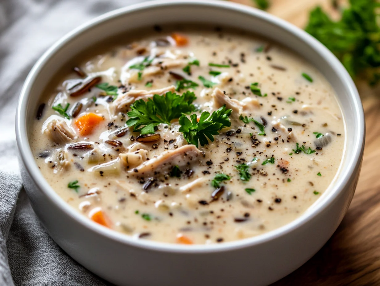 Bowl Of Creamy Chicken Wild Rice Soup Garnished With Parsley And Pepper On A Wooden Surface