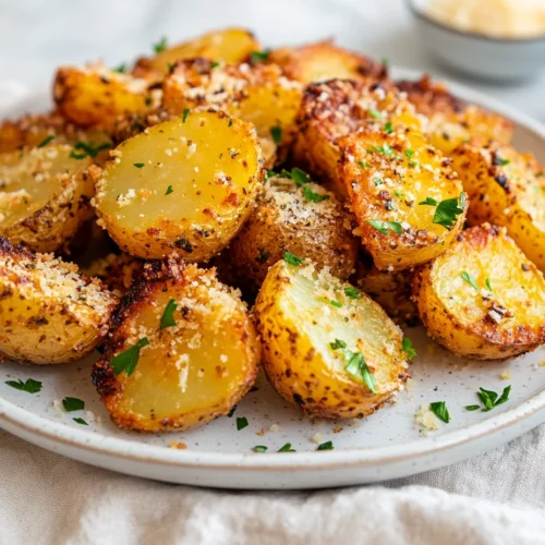 Crispy Parmesan Roasted Potatoes: A Simple And Cheesy Delight 3 Crispy Parmesan Roasted Potatoes With Golden Cheese Crust On A White Plate, Garnished With Fresh Parsley On A Linen Napkin