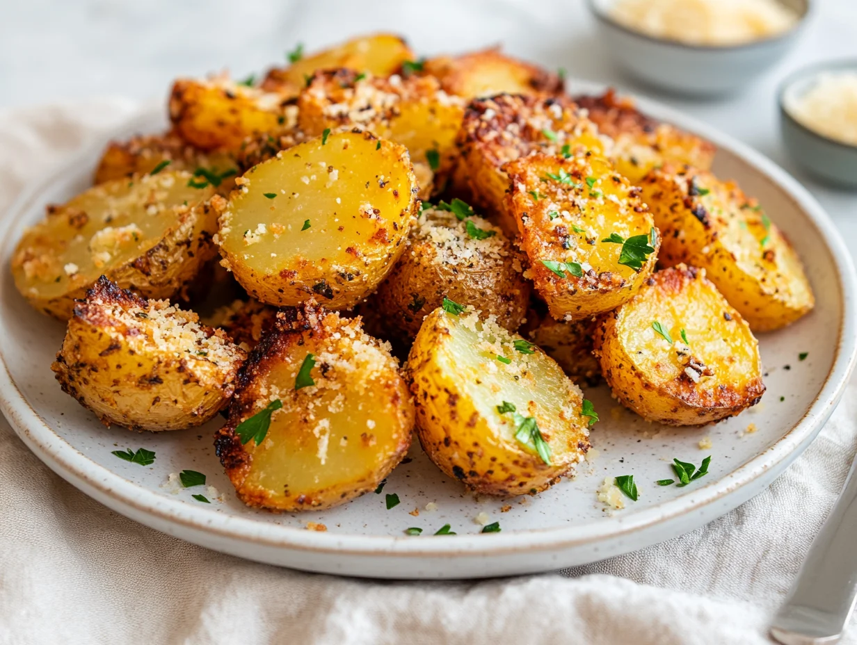 Crispy Parmesan Roasted Potatoes With Golden Cheese Crust On A White Plate, Garnished With Fresh Parsley On A Linen Napkin