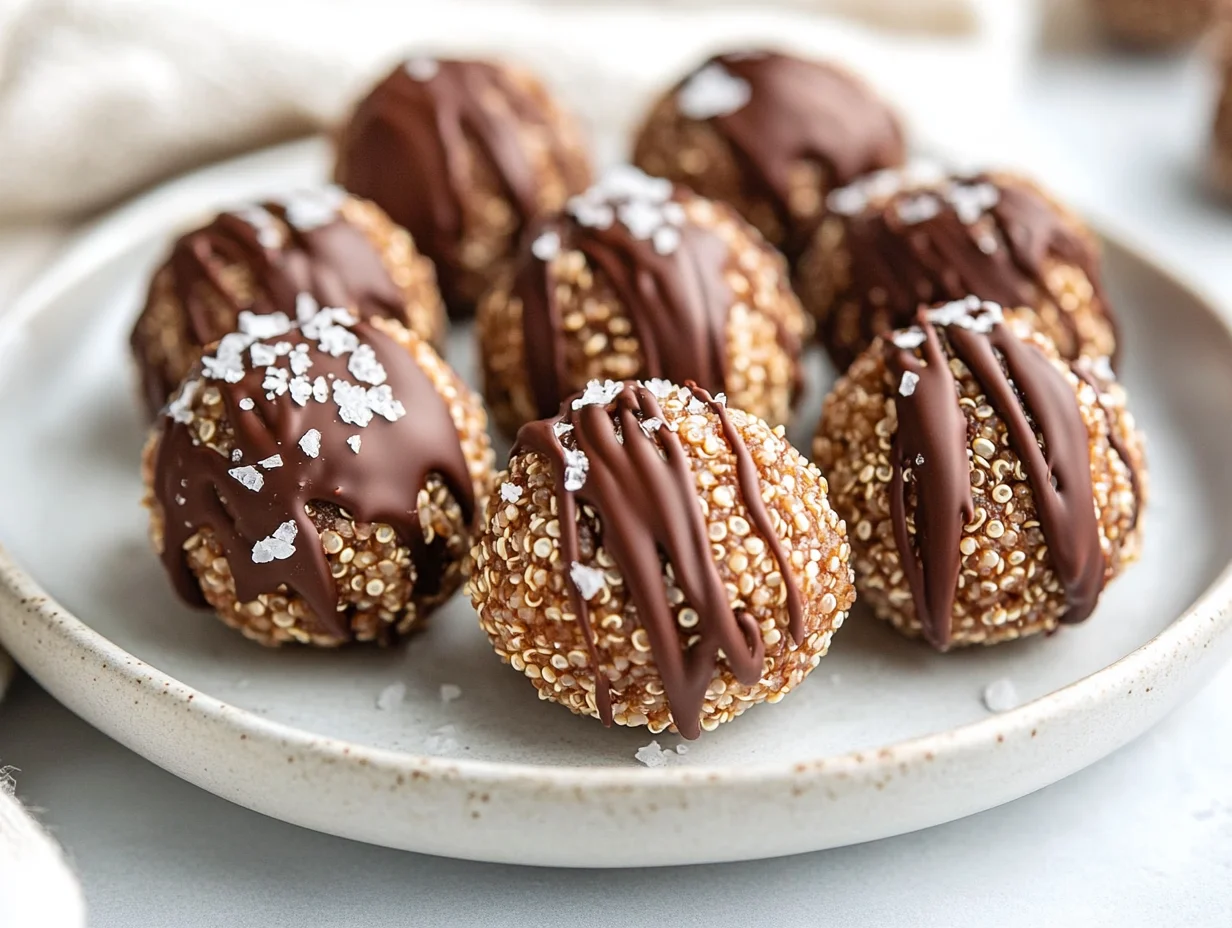 Crispy Quinoa Peanut Butter Balls Drizzled With Chocolate On A White Plate, Topped With Flaky Salt