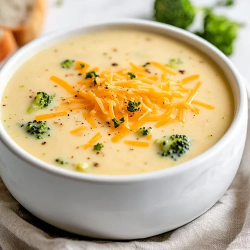 Creamy Crockpot Broccoli Cheese Soup In A White Bowl Topped With Shredded Cheddar And Parsley On A Neutral Napkin