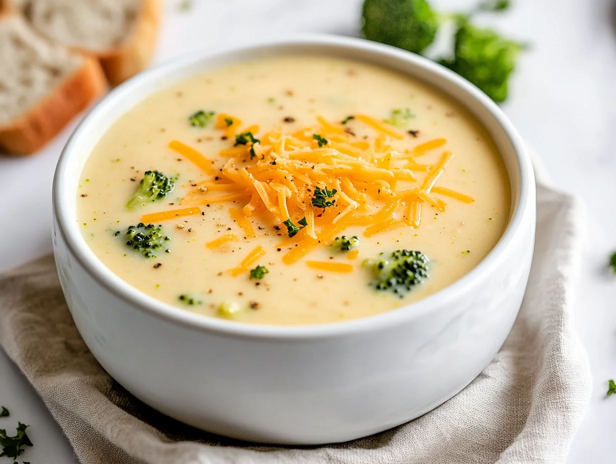 Creamy Crockpot Broccoli Cheese Soup In A White Bowl Topped With Shredded Cheddar And Parsley On A Neutral Napkin