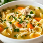 Bowl Of Crockpot Chicken Noodle Soup With Shredded Chicken, Egg Noodles, And Carrots, Garnished With Parsley On A Light Linen Tablecloth