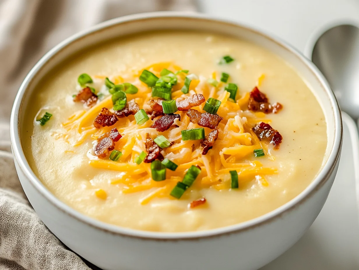 Bowl Of Crockpot Potato Soup With Hashbrowns Topped With Cheddar Cheese, Crispy Bacon, And Green Onions On A White Surface