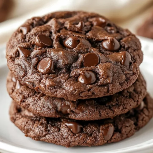 Best Double Chocolate Chip Cookies Recipe For Soft, Decadent Treats 3 Delicious Double Chocolate Chip Cookies Stacked On A White Plate, Showcasing Melted Chocolate And Chewy Texture