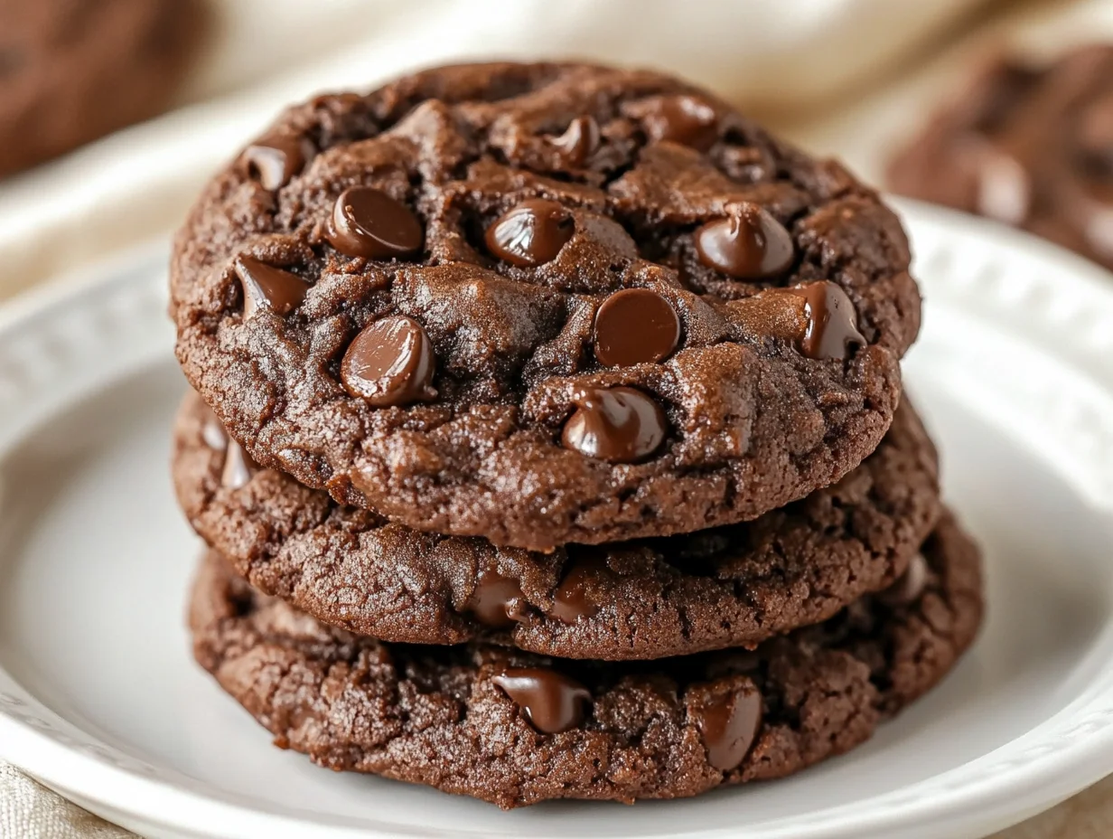 Delicious Double Chocolate Chip Cookies Stacked On A White Plate, Showcasing Melted Chocolate And Chewy Texture