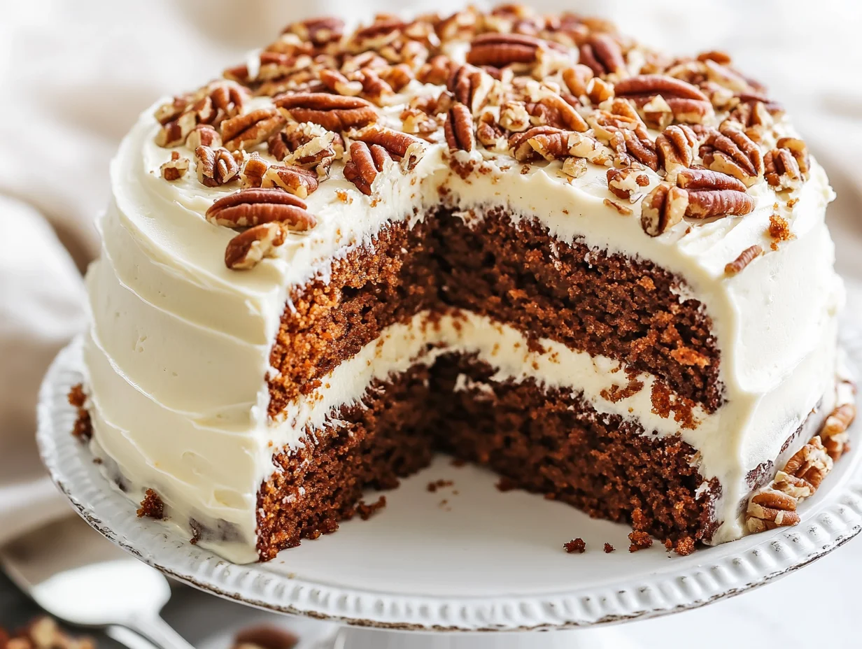 Two-Layer Easy Carrot Cake With Cream Cheese Frosting On A White Cake Stand, Garnished With Chopped Pecans And Piped Cream Swirls.