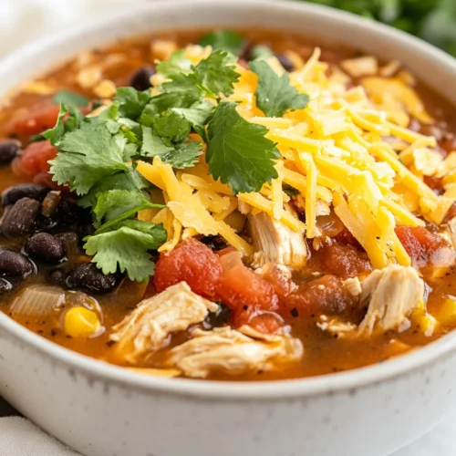 Bowl Of Easy Chicken Tortilla Soup Topped With Shredded Cheese And Tortilla Chips On A Wooden Table