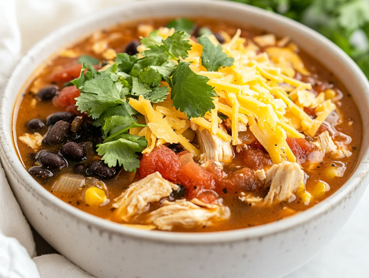 Bowl Of Easy Chicken Tortilla Soup Topped With Shredded Cheese And Tortilla Chips On A Wooden Table