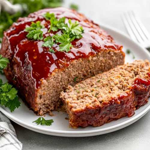 Easy Turkey Meatloaf: Perfectly Moist And Delicious Dinner 3 Sliced Easy Turkey Meatloaf With Ketchup Glaze On A White Plate, Garnished With Parsley.