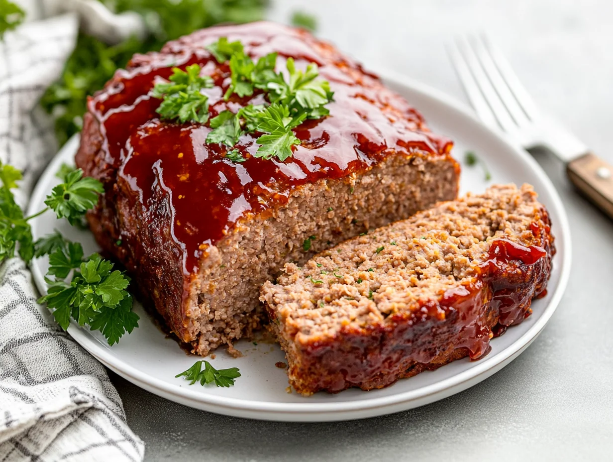 Sliced Easy Turkey Meatloaf With Ketchup Glaze On A White Plate, Garnished With Parsley.