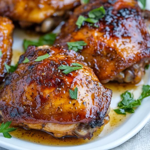 Garlic Brown Sugar Chicken Thighs: The Easy And Irresistible Dinner Recipe 3 Succulent Garlic Brown Sugar Chicken Thighs Glazed And Garnished With Fresh Parsley On A White Plate