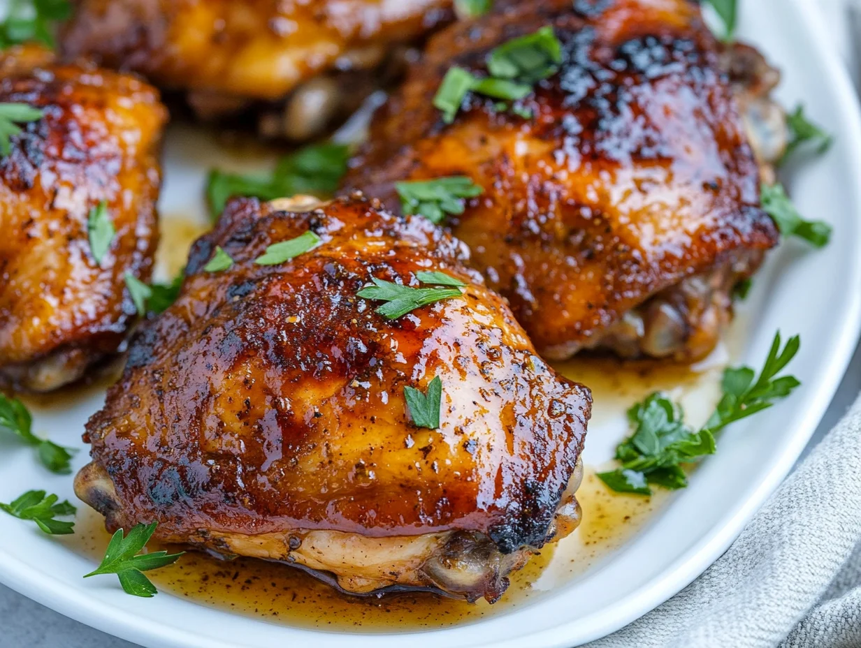 Succulent Garlic Brown Sugar Chicken Thighs Glazed And Garnished With Fresh Parsley On A White Plate