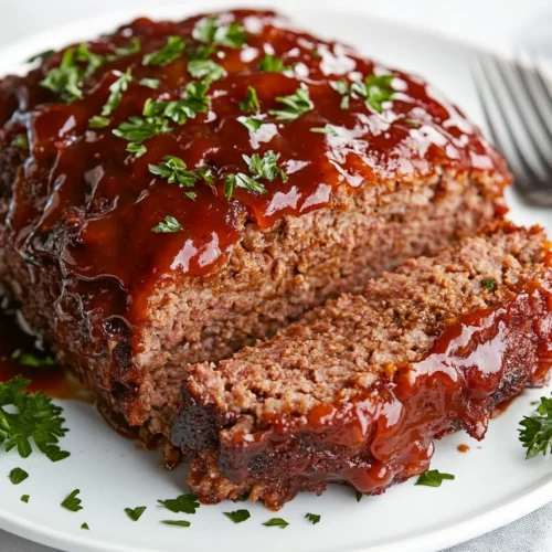 Homestyle Glazed Meatloaf With Sweet Ketchup And Brown Sugar Glaze 3 Sliced Glazed Meatloaf Served On A White Plate, Garnished With Parsley And Glistening Glaze