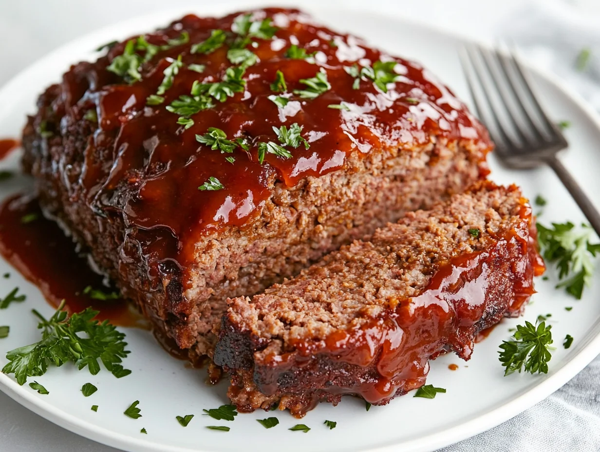 Sliced Glazed Meatloaf Served On A White Plate, Garnished With Parsley And Glistening Glaze