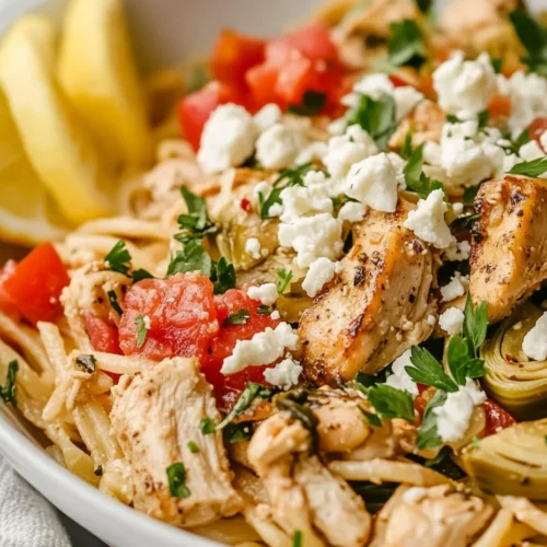 Greek Chicken Pasta: Easy, Healthy, &Amp; Delicious Weeknight Lunch 3 Bowl Of Greek Chicken Pasta Topped With Feta, Tomatoes, And Parsley, Garnished With Lemon Wedges